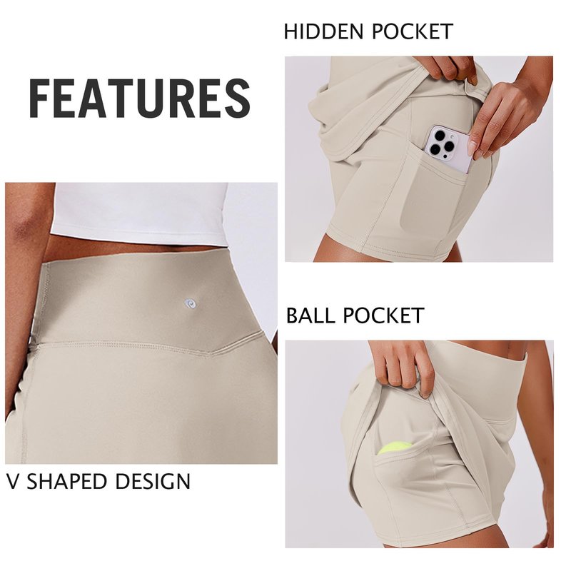 PINSPARK Tennis Skirts for Women Tummy Control Golf Skorts A Line Athletic Skirts with Shorts 2 Pockets, Bone White Small