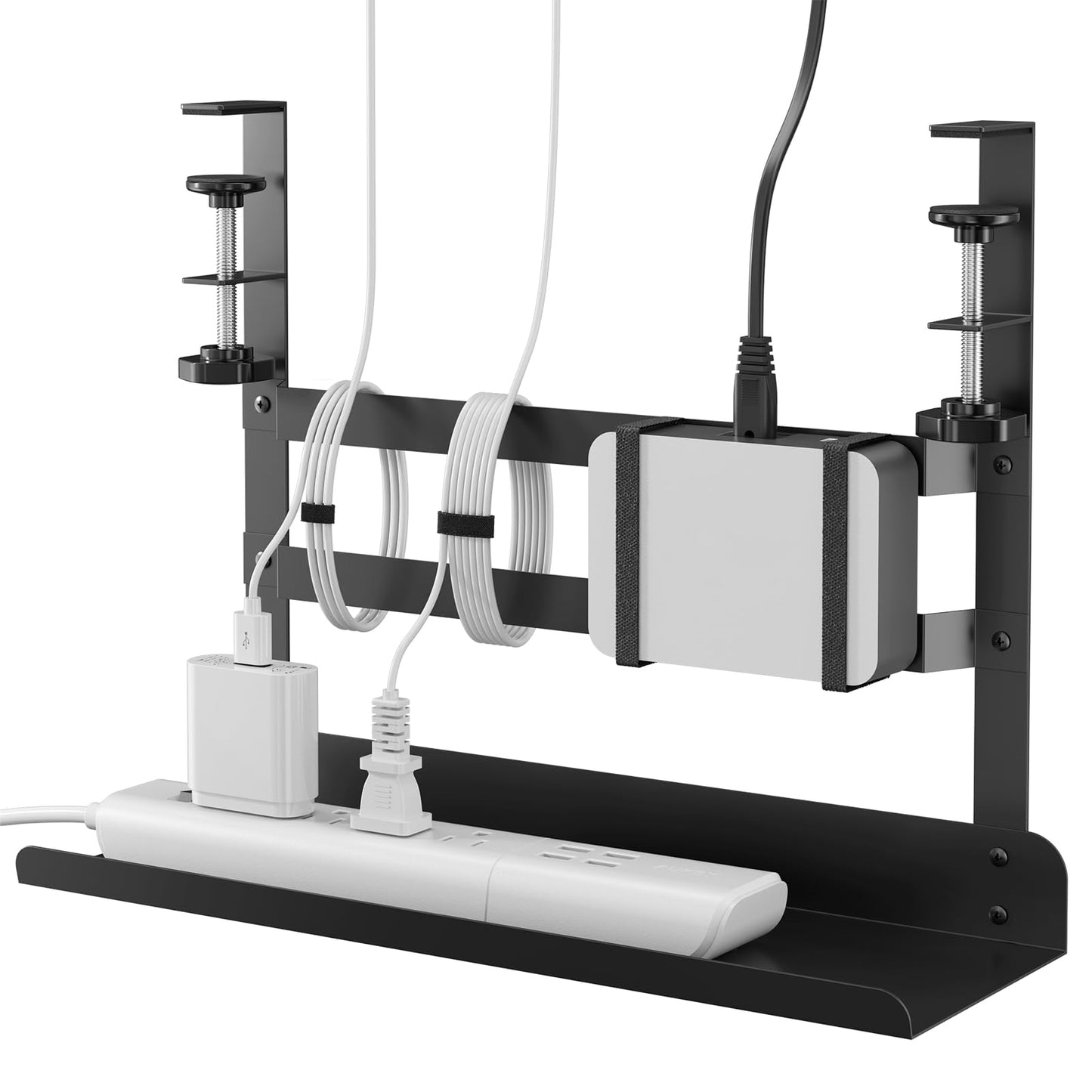 YECAYE Under Desk Cable Management Tray, No Drill Clamp Mount Metal Cable Management Tray with Desk Protection Pads, Under Desk Organizer Easy Installation with Hook & Loop Straps for Home Office