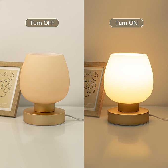 Touch Bedside Table Lamp - Desert Titanium Color Glass Lamp Shade, Warm LED Bulb, 3 Way Dimmable, Simple Design