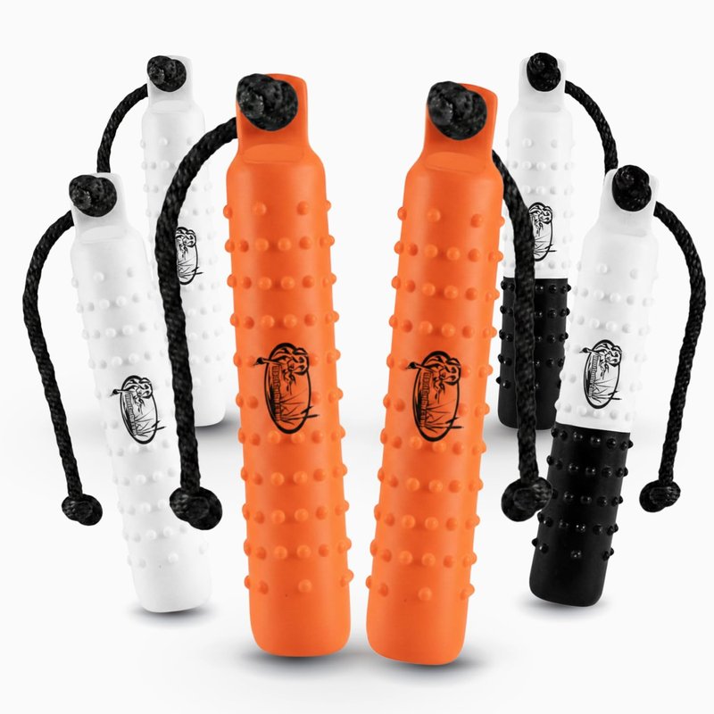 HuntEmUp 6 Pack 2" Plastic Dog Training Bumpers – Knobby Retrieving Dummy Set for Retriever & Hunting Dog Training – Floating Water Dummy – White Orange Black