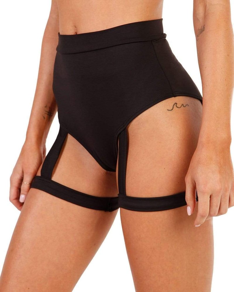 iHeartRaves Showdown Harness High Waisted Booty Shorts for Women Rave Bottoms Pole Dance Shorts (Black, Small)