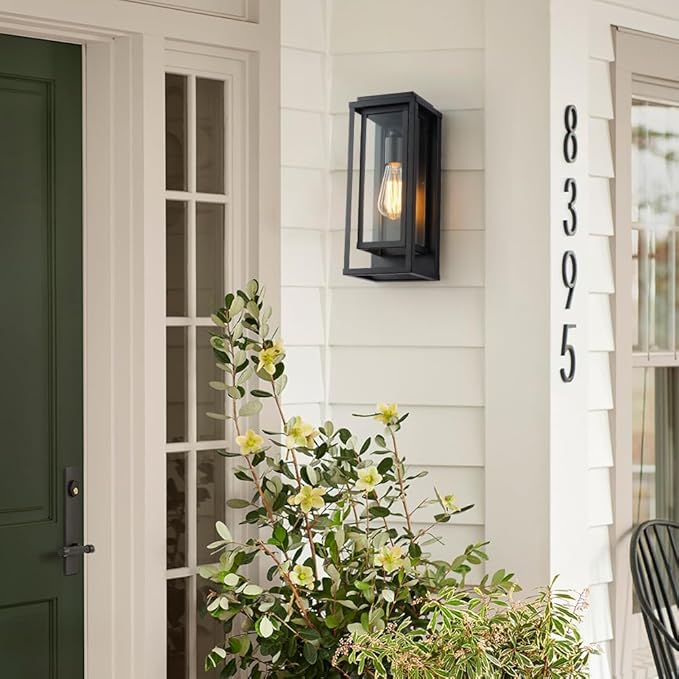 Cerdeco 14” Modern Outdoor Wall Sconce with Rectangular Metal Frame and Transparent Glass Shade,Black Outdoor Lighting for Garage Porch Patio Pack of 2