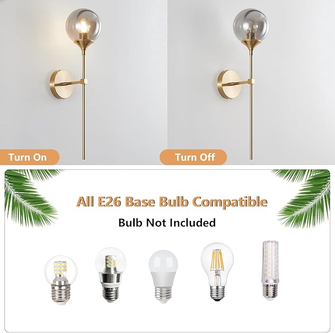 KCO Mid-Century Modern Wall Mounted Sconces Set of 2 Smoke Gray Glass Globe Wall Lamps with Long Arm Industrial Gold Wall Lights Fixture for Bedroom Bedside Stairway Hallway
