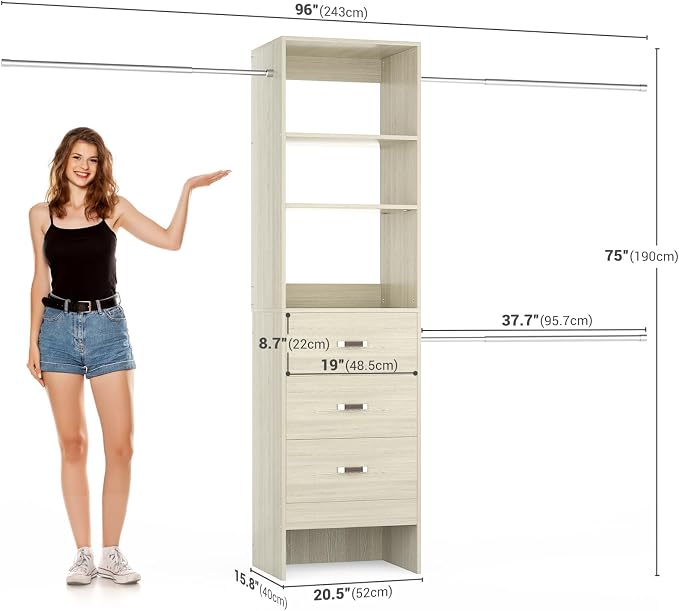 Besiost 96'' Closet Organizer System with 3 Hanging Rods, 8FT Closet Organizers and Storage with 3 Wooden Drawers, Built in Closet Organizer Systems, Adjustable Walk-in Wardrobe from 2-8FT, Light Oak