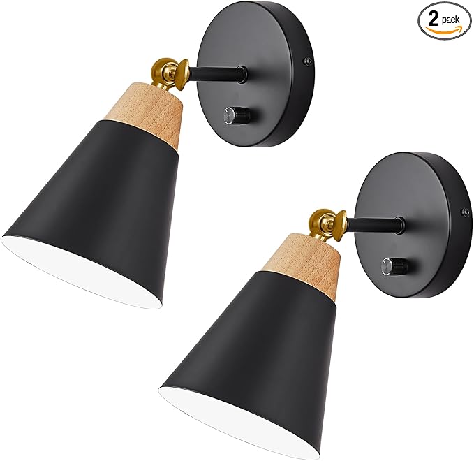 Wall Sconce Set of 2, Wall Sconce Lighting Fixture with Metal Shade, Rotary Switch, Indoor Decor Wall Mount Swing Arm Lamp for Bedroom,Hallway,Living Room,Reading, Black
