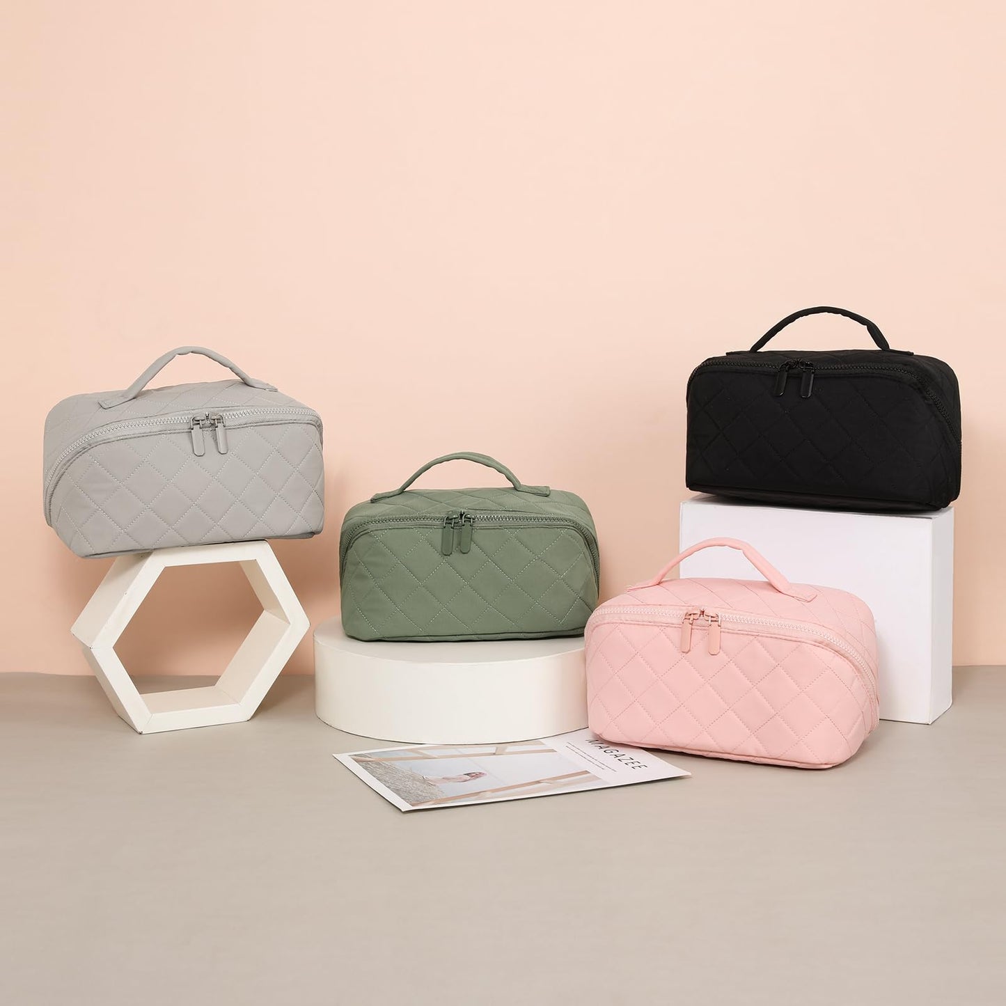 AMXNX Makeup Bag for Woman Quilted Puffer Cosmetic Bags Travel Organizer Large Capacity Wide-open Pouch Toiletry Bag Set