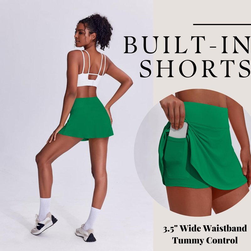 PINSPARK Tennis Skirts Women's Athletic Skirts Pleated Golf Skirts with Pocket Casual Skorts,Green Large