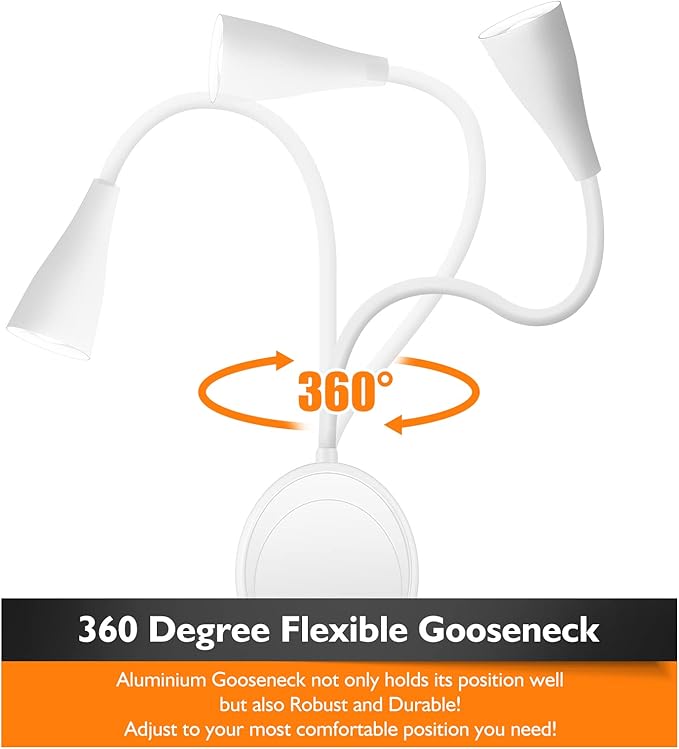 LED Wall Mounted Reading Light, Book Light for Reading in Bed with Touch Control, 5 Dimmable, USB Output, Night Light & Timers Function, Flexible Gooseneck Headboard Bed Lights (White)
