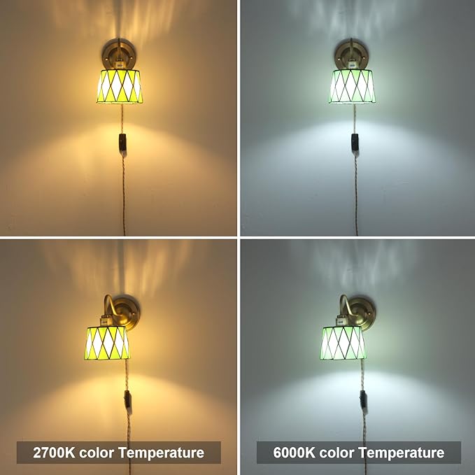 Vintage Wall Sconce, Wall Mounted Lamps with Green Checker Sconce, Stained Glass Shade Gold Wall Lights Fixture with Plug in Cord and Switch for Bedroom Bathroom Living Room Hallway