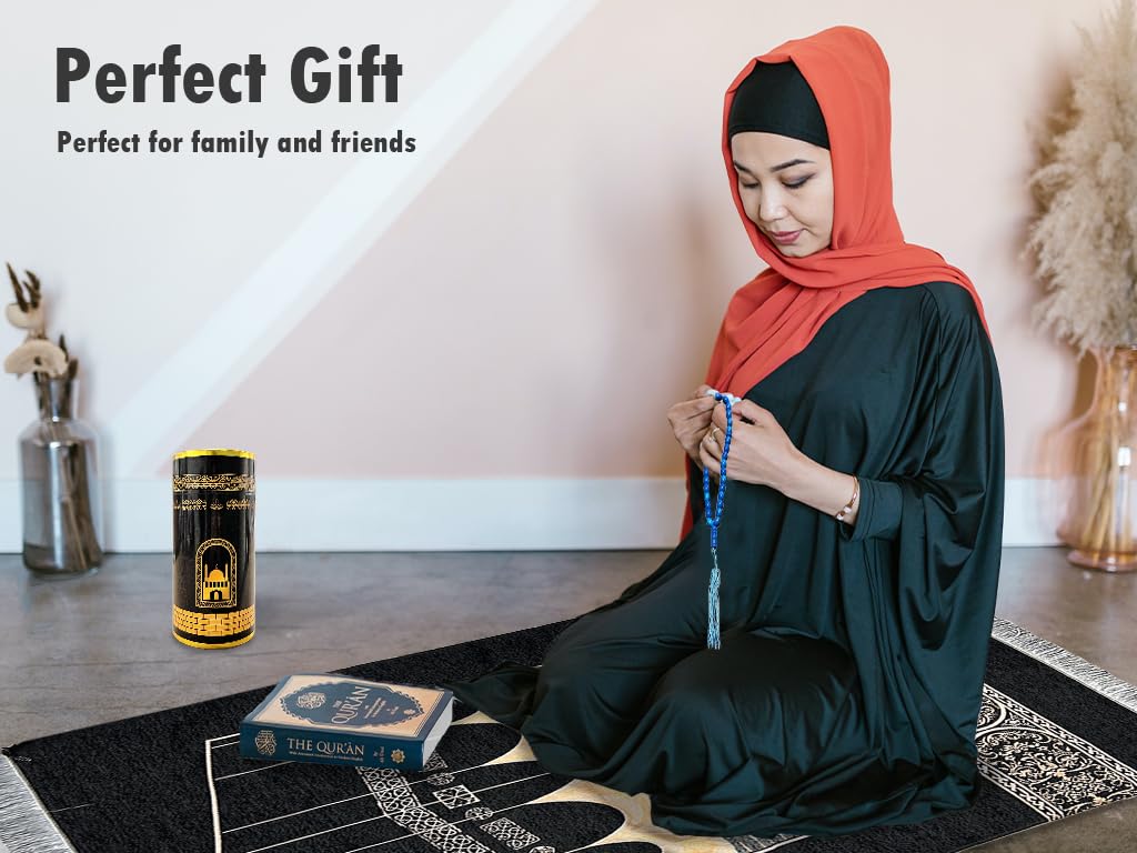 Anlising Muslim Prayer Mat, Islamic Prayer Carpet Mat, 27.55" x 43.3" Black Square Arabic Pattern Indoor Prayer Rug, Machine Made, Spot Clean Only