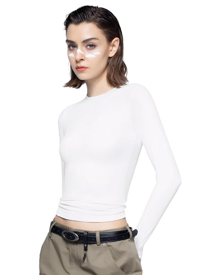 PUMIEY Long Sleeve Shirts for Women Crew Neck Slim Fit Fall Tops Sexy Basic Tee, Splashed White Medium