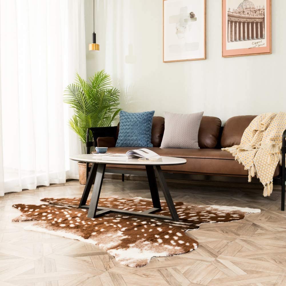 Faux Cowhide Rug Animal Skin Area Rug Deer Rug Cow Hides and Skins Mat Sika Deer Carpet for Home Livingroom 6.1x5ft