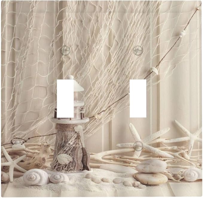Nautical Coastal 2 Gang Light Switch Plate Cover Seashell Fishing Net Ocean Lighthouse Starfish Double Toggle Wall Plate Decorative Switchplate Electrical Faceplate Beach Theme Decor