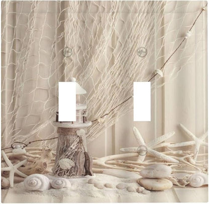 Nautical Coastal 2 Gang Light Switch Plate Cover Seashell Fishing Net Ocean Lighthouse Starfish Double Toggle Wall Plate Decorative Switchplate Electrical Faceplate Beach Theme Decor