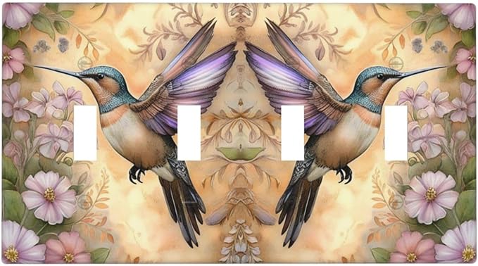 Decorative Art Light Switch Covers Blossom & Hummingbird Quad Toggle 4 Gang Wall Plate Switch plate Electrical Faceplate for Home Decor