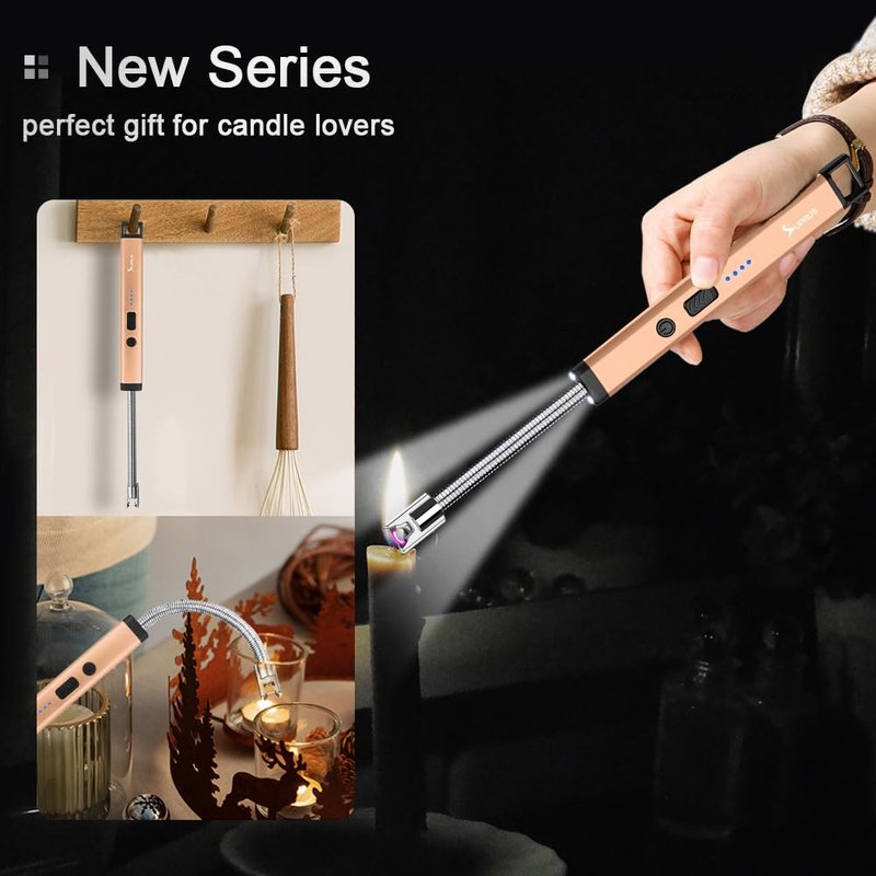 SUPRUS Rechargeable Candle Lighter Electric Arc Triple Safety Long Lighter Stainless Steel Shell & Hanging Hook (Peach Fuzz)
