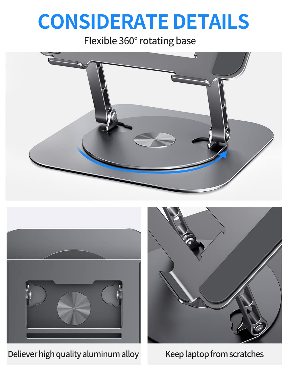 Adjustable Computer Stand with 360 Rotating Base, Ergonimic Foldable Laptop Riser for Desk Compatible with MacBook Pro/Air Notebook up to 16 Inches, Silver