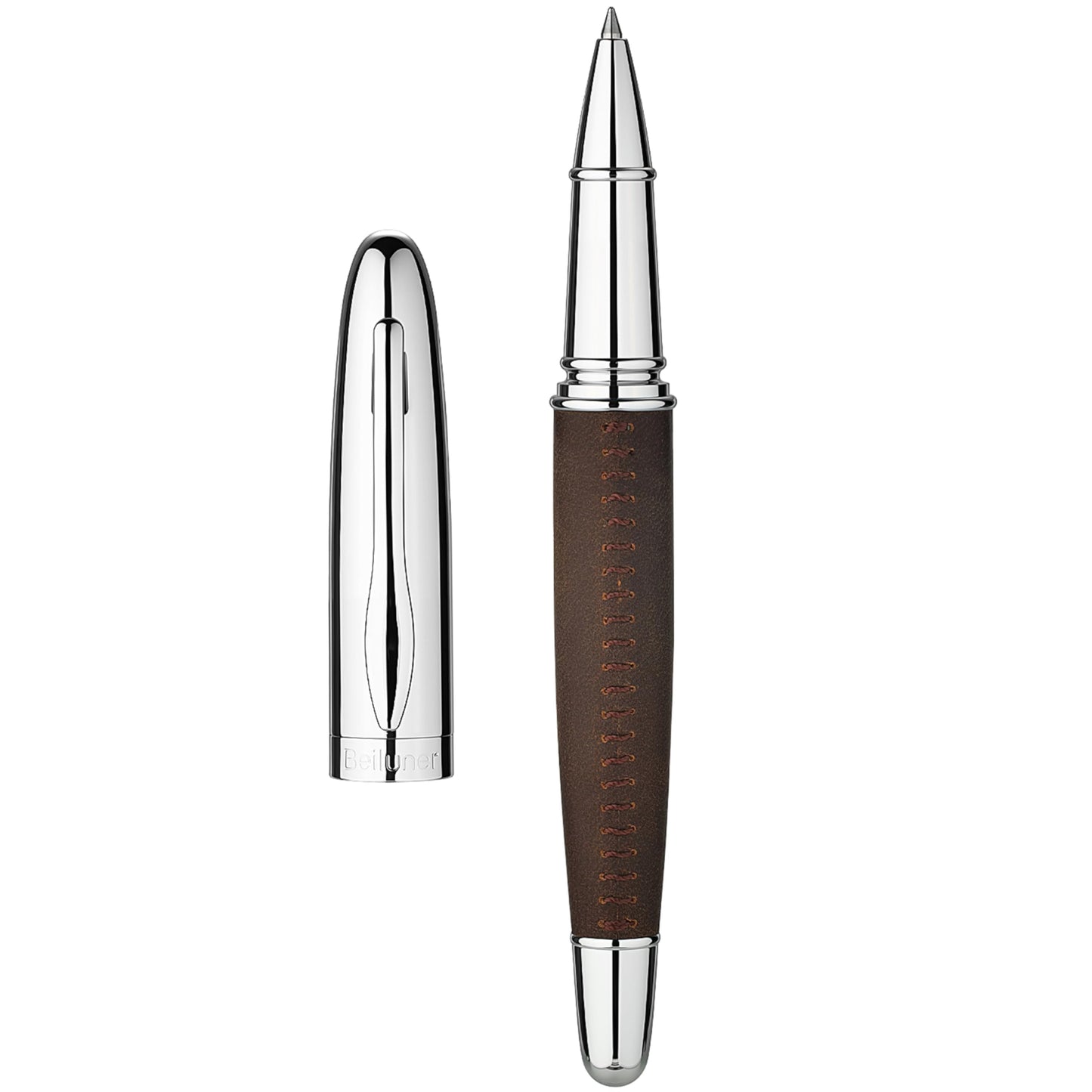 BEILUNER 318 Luxury Leather Pen, Full Grain Oil Tan Crazy Horse Cowhide Leather, Chrome-Plated Finish, Schmidt Ink Refill, Best Rollerball Pen Gift for Men & Women,Executive, Professional, Nice Pens