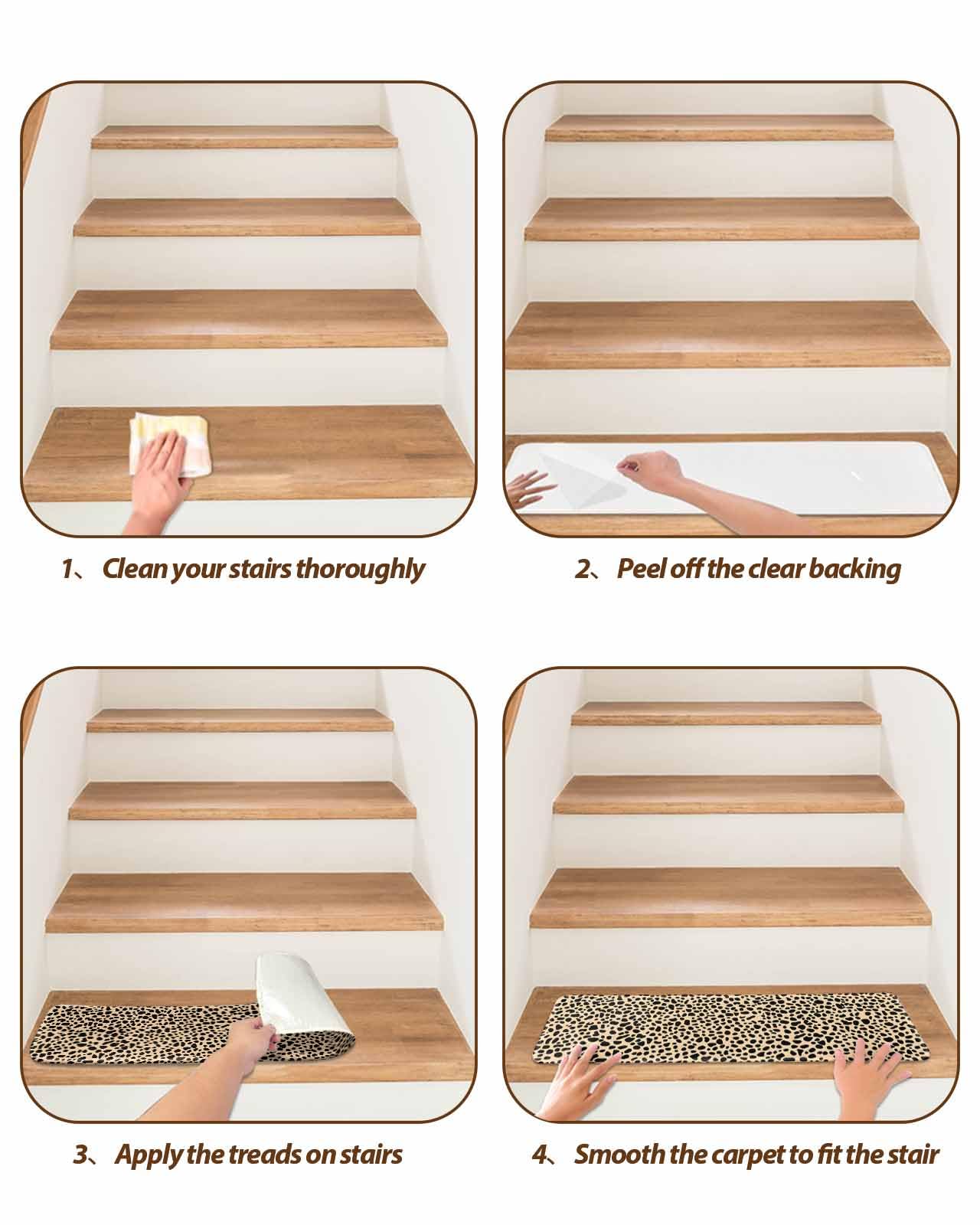 Leopard Textured Stair Treads for Wooden Steps Indoor, 7 Pack Non Slip Carpet Stair Treads for Kids Elders and Dogs with Reusable Adhesive, 8x30 inch Step Mats Modern Animals Printed Black Brown