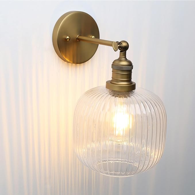 Pathson Modern Wall Sconce Lamp Clear Striped Round Glass, Hardwired Vintage Wall Vanity Light Fixture for Farmhouse Living Room Bedroom Bathroom Loft