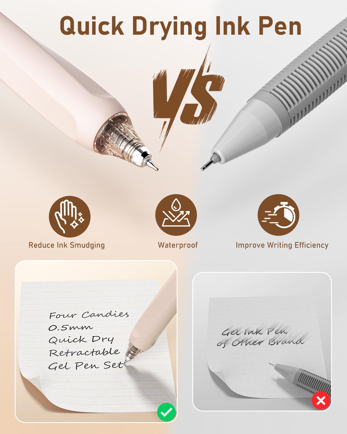 Four Candies Writing Ink Pens with Black & Brown Ink and 2Pack Highlighter, Retractable 0.5mm Smooth Fine Point Pens,Brown Pens for School, Office Girly Stationery Aesthetic Desk Accessories Set of 14