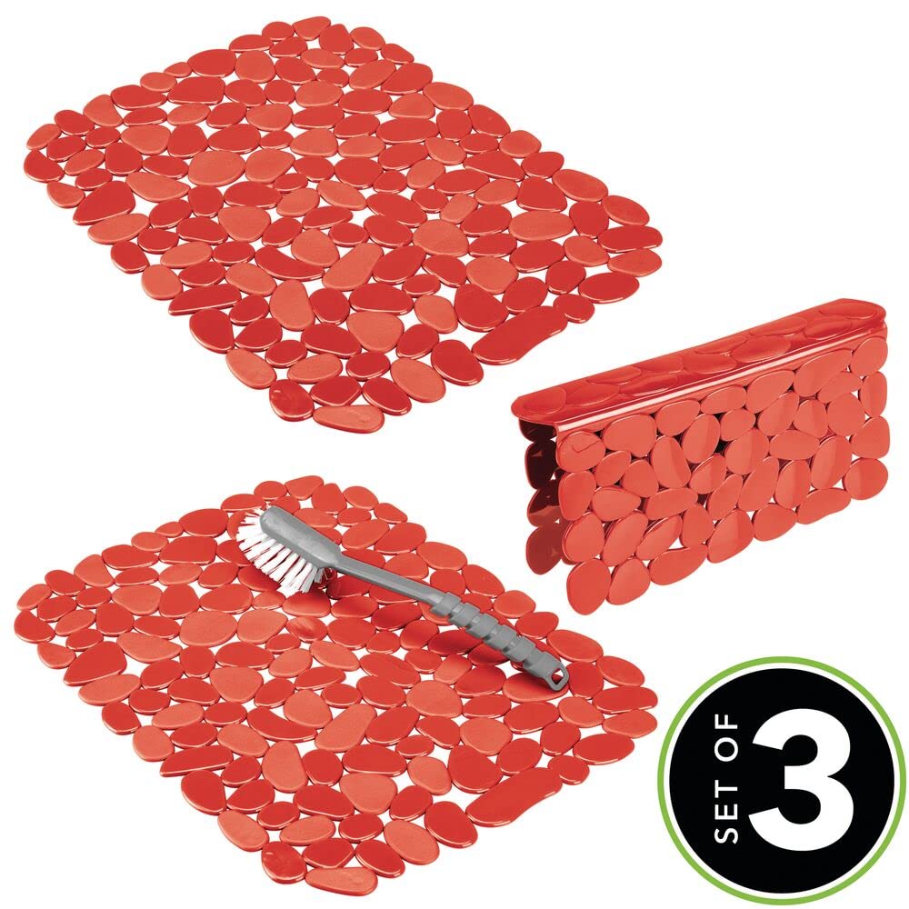 mDesign Adjustable Dish Drying Mat/Grid - Soft Plastic Sink Protector, Cushions Sinks & Dishes - Quick Draining Pebble Design - Set of 3 - Red