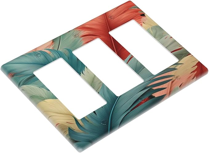 Colorful Feathers Blue Red 3 Gang Rocker Triple Outlet Wall Plate Decorative Switchplate Cover Faceplate GFCI Light Switch Covers for Farmhouse Living Decor