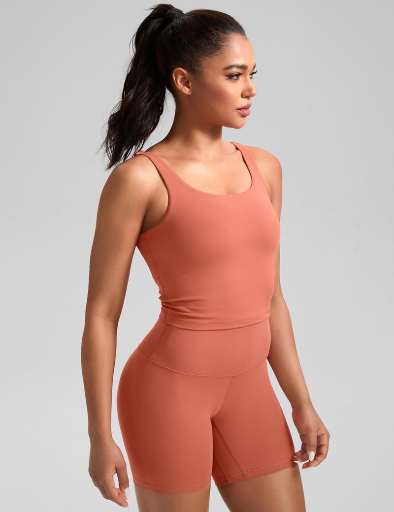 HeyNuts Zeal Bra Womens Scoop Neck Longline Sports Bras, U Back Medium Impact Wirefree Workout Athletic Running Basic Gym Yoga Crop Tank Tops Padded Camisole with Built in Bras Paprika S