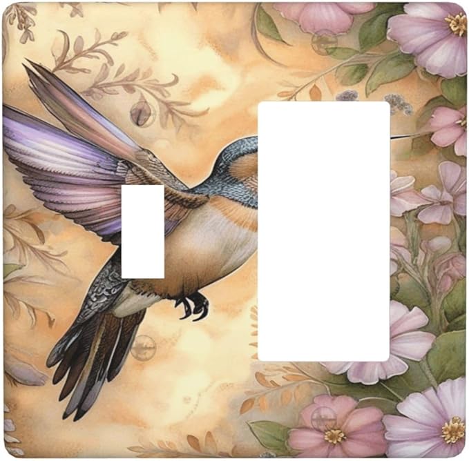 Decorative Art Light Switch Covers Blossom & Hummingbird 2 Gang Single Toggle Rocker Combination Electrical Faceplate Switchplate Wall Plate for Home Decor