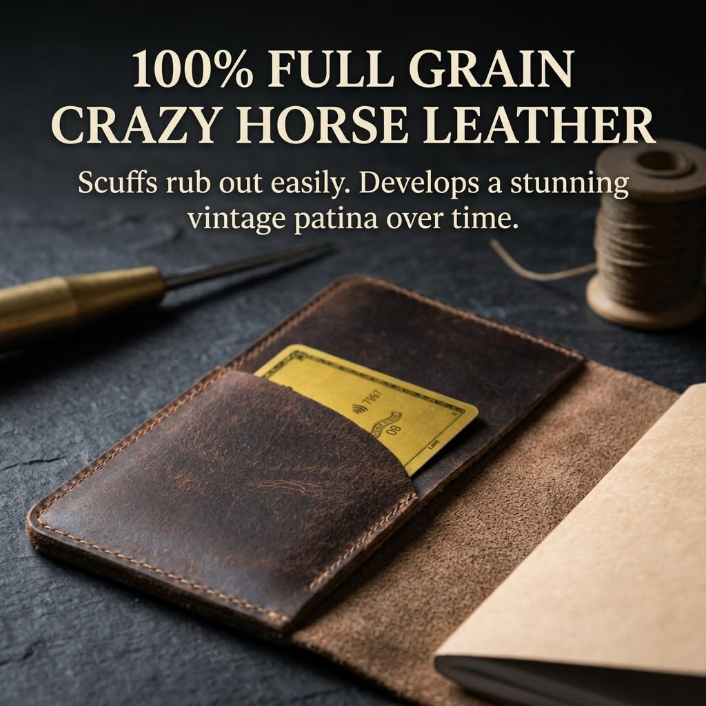 Rustique Leather Field Notes Cover Collection - Refillable Travel Journal & Notebook Organizer with Card Slots - Handmade Full Grain Leather (Curved Pocket Set - Smoky Bourbon)