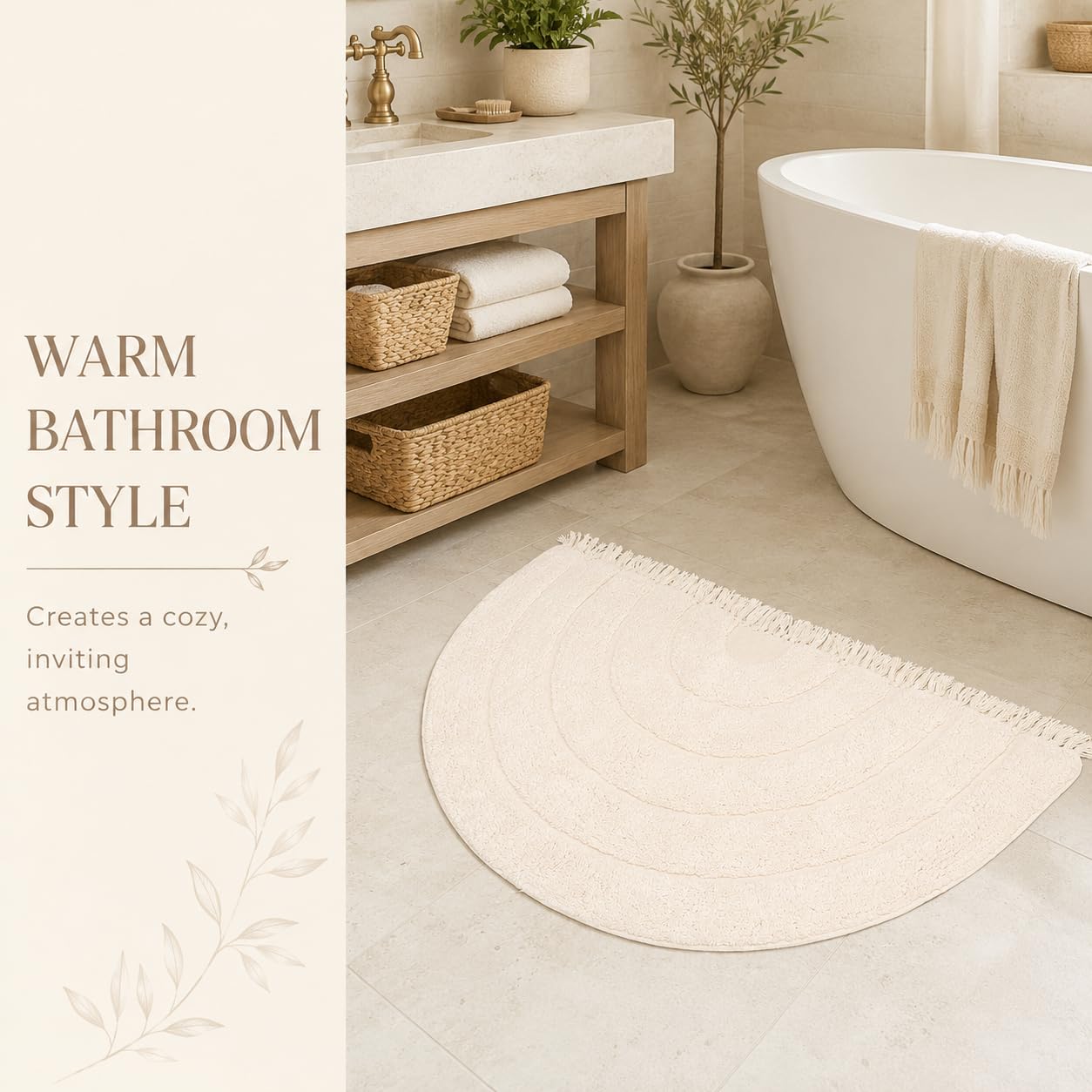 BIEN BEAU Unique Boho Half Moon Bath Rug – Ivory - 100% Cotton Bathroom Rugs - Stylish Non-Slip Bohemian Rug for Bath and Bedroom – Cute Boho Decor 20 x 38 inch