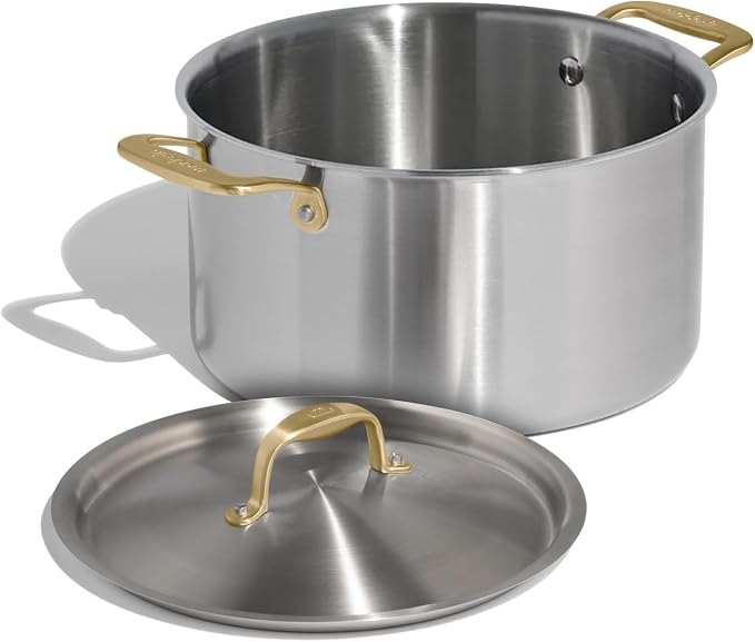 Made In Cookware - 8 Quart Stainless Steel Stock Pot With Lid (Antique Brass Handle) - 5 Ply Stainless Clad - Professional Cookware - Crafted in Italy - Induction Compatible