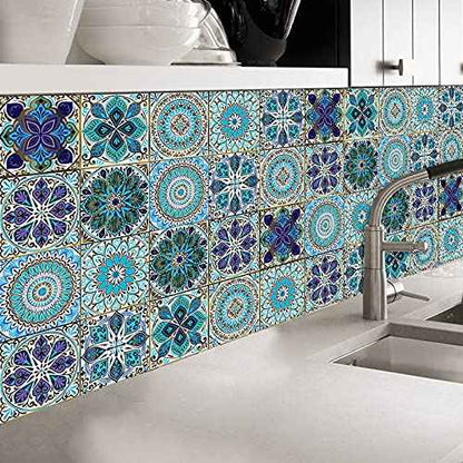 Kakofaci Mandala Style 12 Pcs (6x6 in) Decorative Tile Stickers, Peel and Stick Self Adhesive Removable Moroccan Talavera Tiles Backsplash Waterproof Kitchen Bathroom Furniture Staircase Home Decor