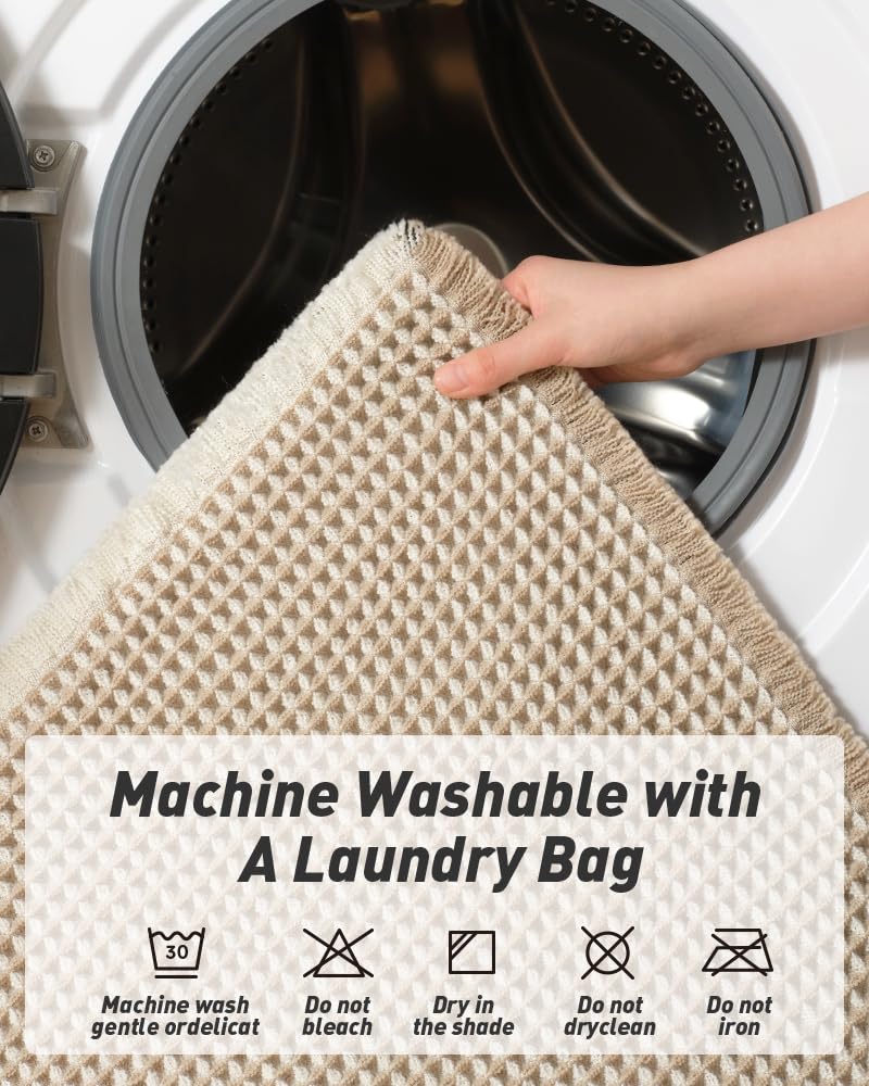 AMOAMI Upgraded Waffle Runner Rug Super Absorbent Non Slip Bath Mats for Bathroom Machine Washable Bathroom Runner Rug with Tassels, Ideal for Hallway Bedroom Laundry Room, 2' x 6', Brown & Cream