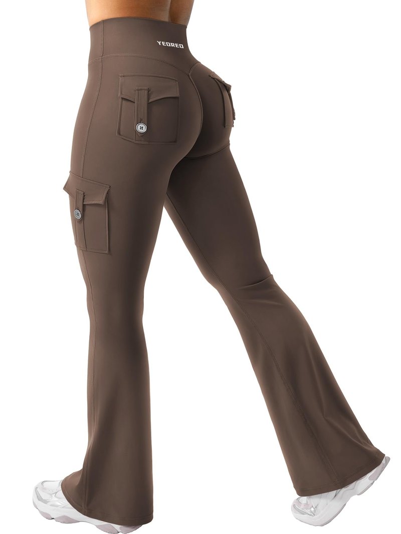 YEOREO CoreFlex Women Workout Flare Leggings with Pockets Hidden Scrunch High Waisted Cargo Gym Yoga Leggings Coffee XXL