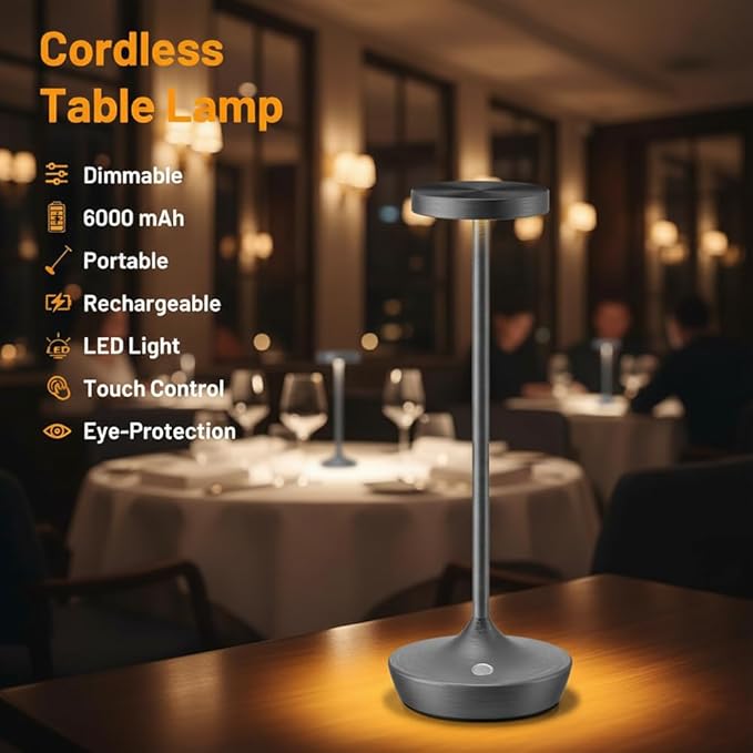 Cordless Table Lamp Outdoor - Rechargeable 6000mAh Battery Operated Table Light - LED Portable Touch Dimmable Waterproof Table Lamps for Patio Restaurant Dining (Grey)