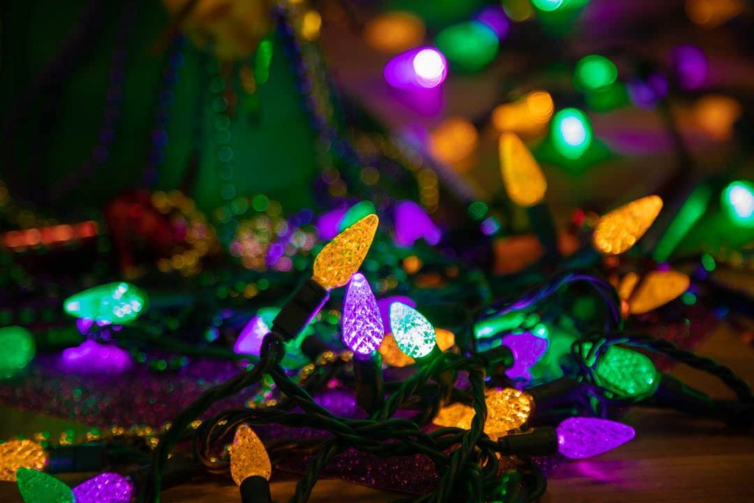 Novelty Lights 24FT 70 Light Purple Green and Yellow LED Mardi Gras Lights, C6 Bulbs, Connect up to 43 Sets, Indoor/Outdoor Use