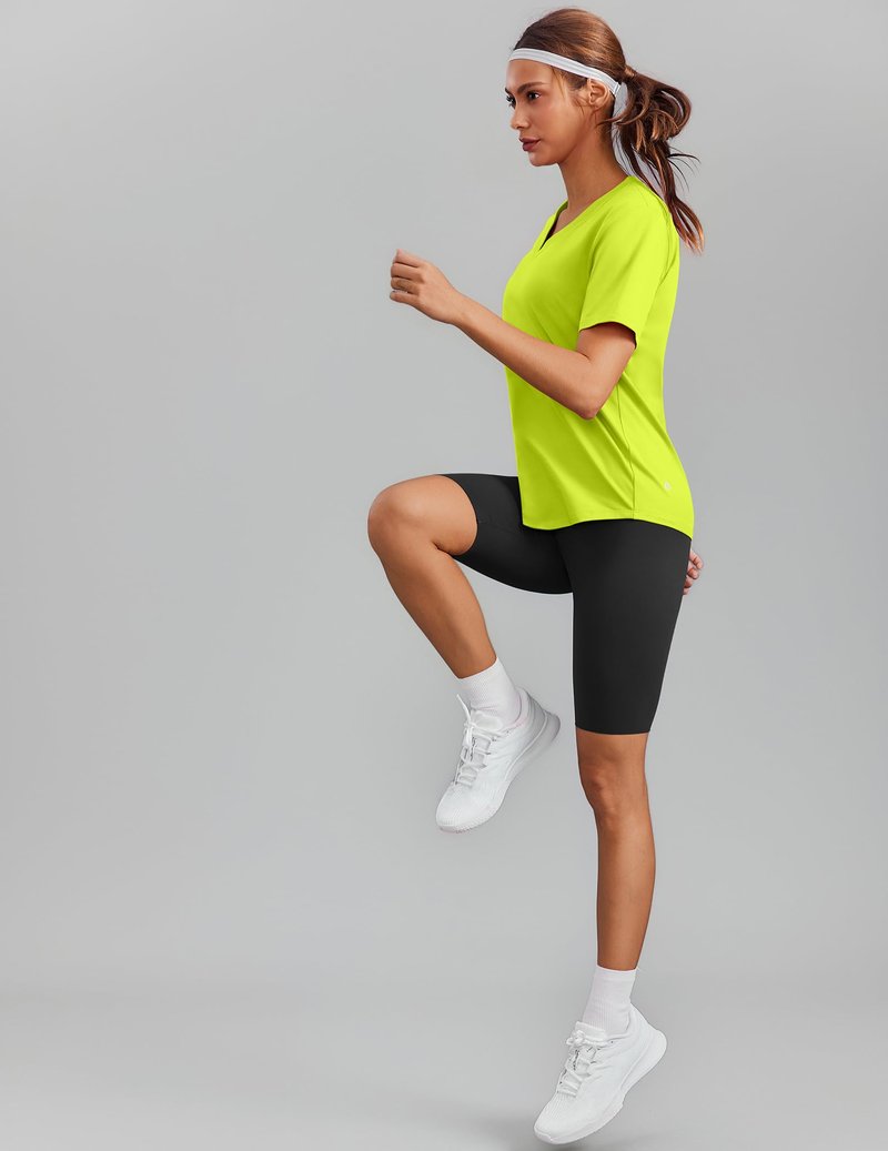 PINSPARK Tennis Shirts for Women Short Sleeve V Neck Moisture Wicking Workout Tops Quick Dry Athletic Gym Golf T-Shirts,Neon Green Large