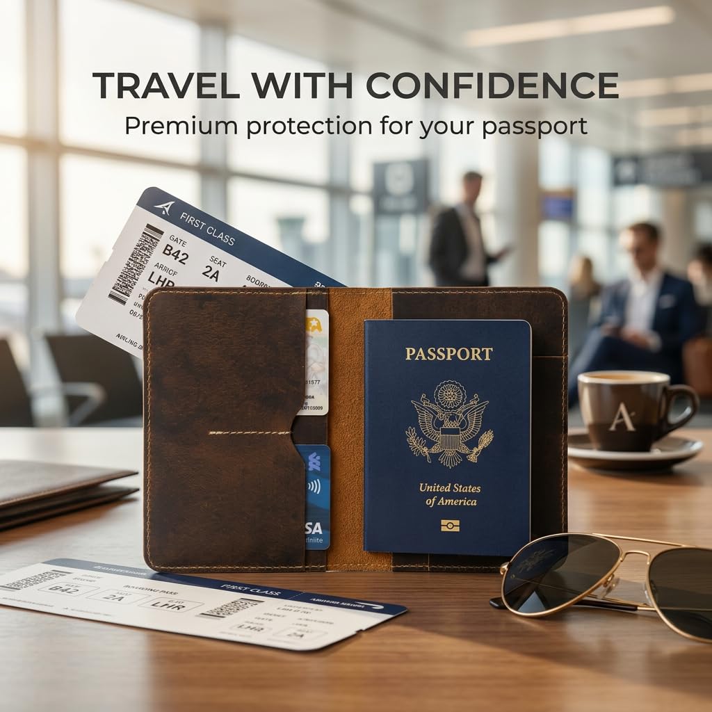 Rustique Leather Passport Holder Collection - Handmade Travel Wallet & Organizer - Full Grain Crazy Horse Leather Covers for Men & Women (Multiple Styles) (Document Organizer - Tobacco & Honey)