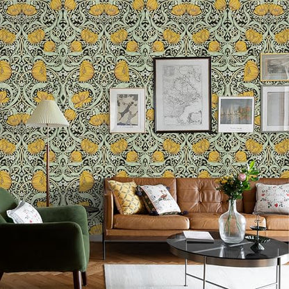 Yellow Boho Floral Wallpaper Peel and Stick Flowers Contact Paper 17.5"¡¿118" - Mid Century Style William Morris Self Adhesive Vinyl Removable Wall Paper for Kitchen Bedroom Renter Friendly Home Decor