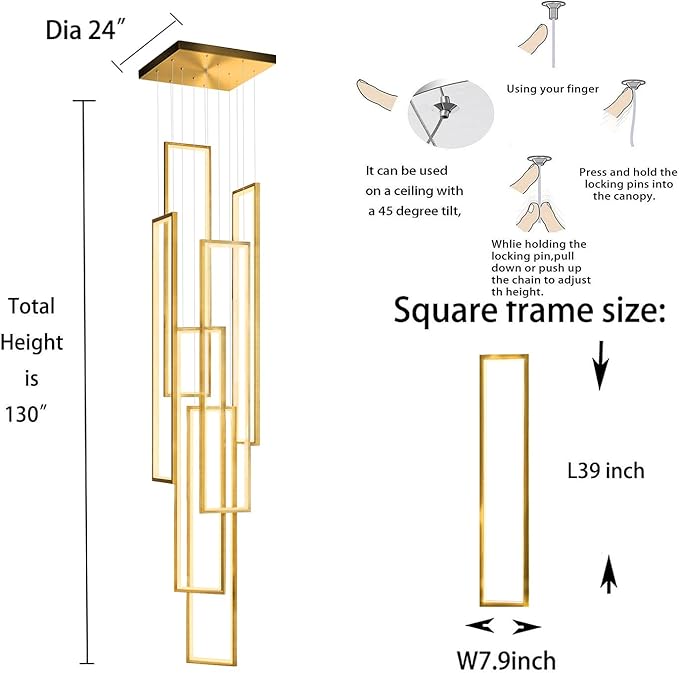 Flashing God Modern Chandelier,Gold Chandeliers with 6 Ring Led Foyer Chandeliers,Larger High Ceiling Chandelier for Living Room,Rectangle Chandelier for Entryway Staircase LED Dimming 2700k-6001k