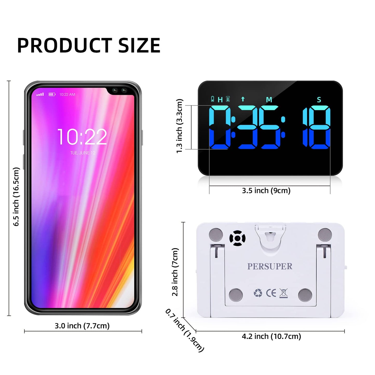PERSUPER Kitchen Digital Timer, Count Down Up, Rechargeable, Vibration Mode Adjustable Volume and Brightness LED Display, Time Management Cook, Desk, Kids Adults Study Teaching, Kitchen Gadgets Blue