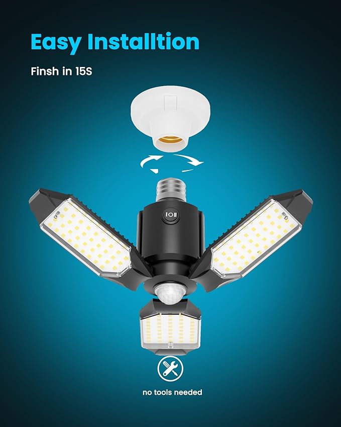 4-Pack Garage Lights with Motion Sensor, 8000LM Motion Sensor Light Indoor with 3 Deformable Design and Auto-Off, E26 Screw-in 6500K Motion Activated Bulbs for Ceiling/Basement