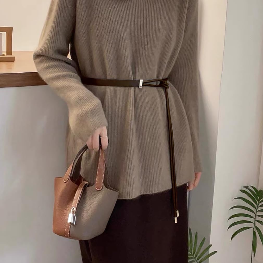 Buywis Skinny Belts for Women PU Leather Knotted Thin Waist Belt for Dresses Coffee Fit Waist 28"-40"
