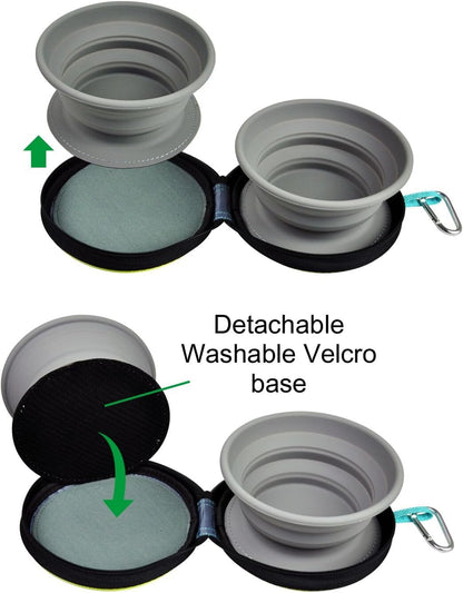 KALLAK Portable 2 in 1 Pet Bowls with Zipper Carrying Case and Carabiner, Collapsible Double Travel Dog Bowls for Food and Water Feeding, Foldable Camping Dog Cat Bowl