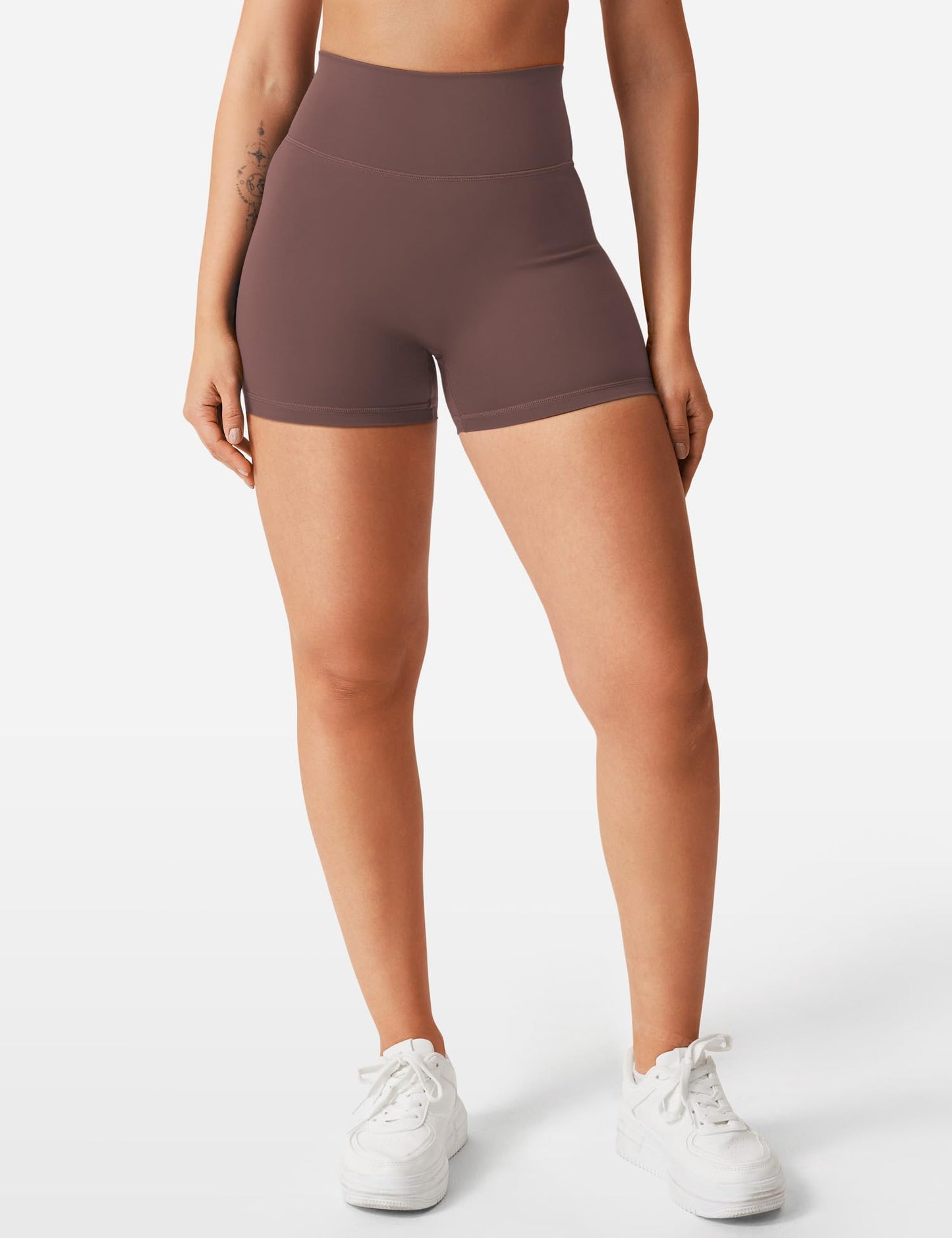 YEOREO Women's Biker Shorts 3.6" / 4.5" / 6" Workout Gym Shorts High Waist Tummy Control Hidden Scrunch Running Yoga Plum Brown