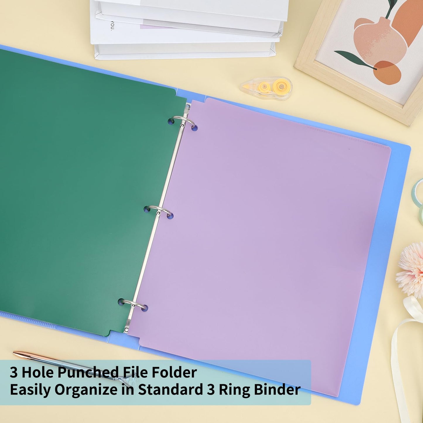EOOUT Binder Folders 10pcs Colored File Folders, Plastic Folders with Pocket and 2 Business Card Slot, 3 Hole Punch Poly Folders Fits in 3 Ring Binder for School Office