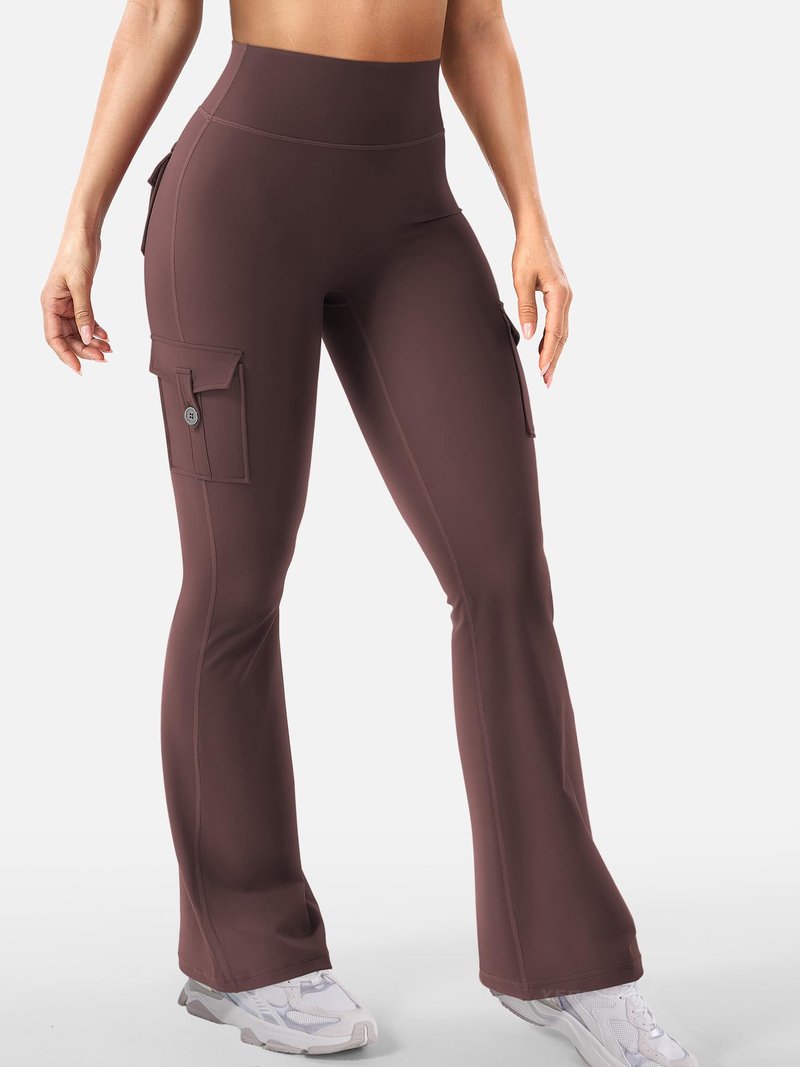 YEOREO CoreFlex Women Workout Flare Leggings with Pockets Hidden Scrunch High Waisted Cargo Gym Yoga No Front Seam Leggings Brown M