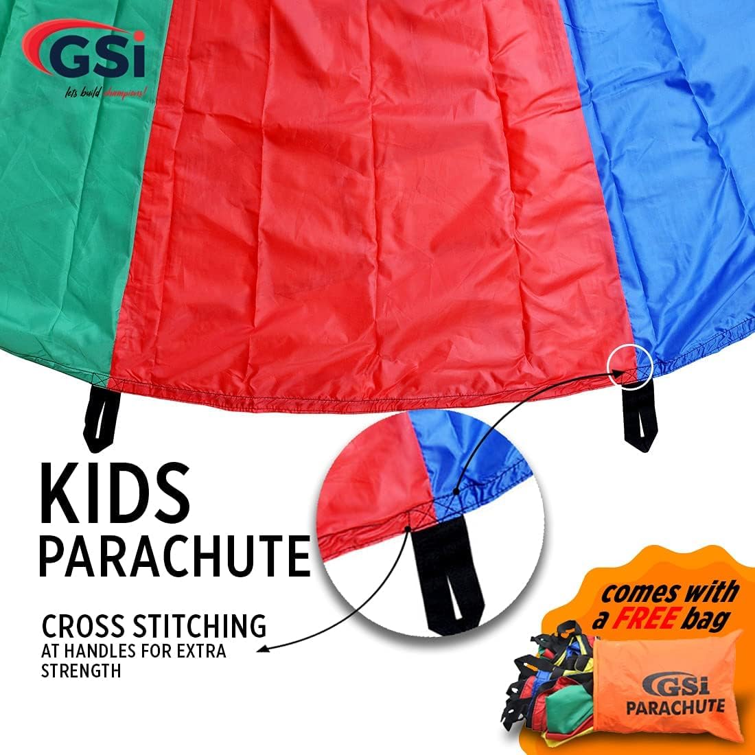 GSi Kids Play Parachute Rainbow Parachute Toy Tent Game for Kids Gymnastics Cooperative Play and Outdoor Playground Activities (6 Feet)