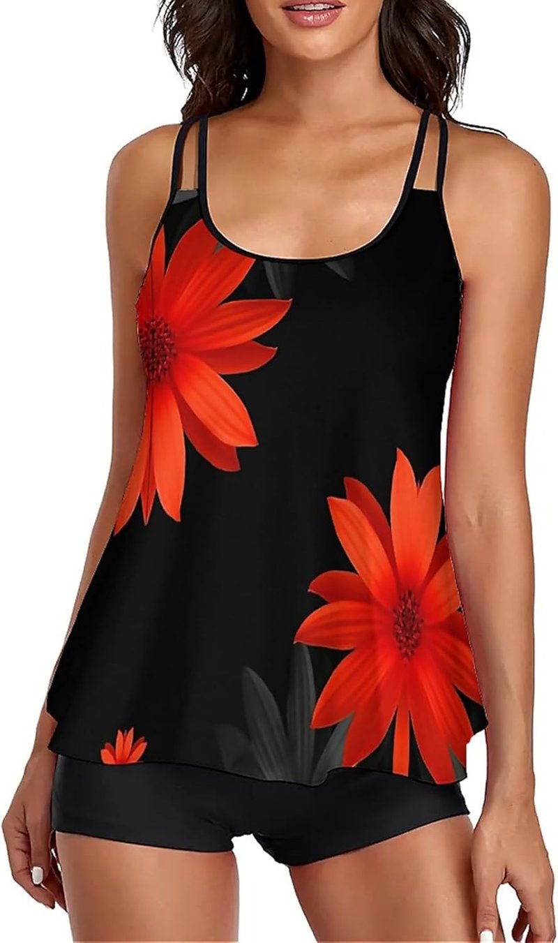 Women’s Plus Size Two-Piece Tankini Swimsuit - Tummy Control Long Torso Top & High-Waisted Boyshorts